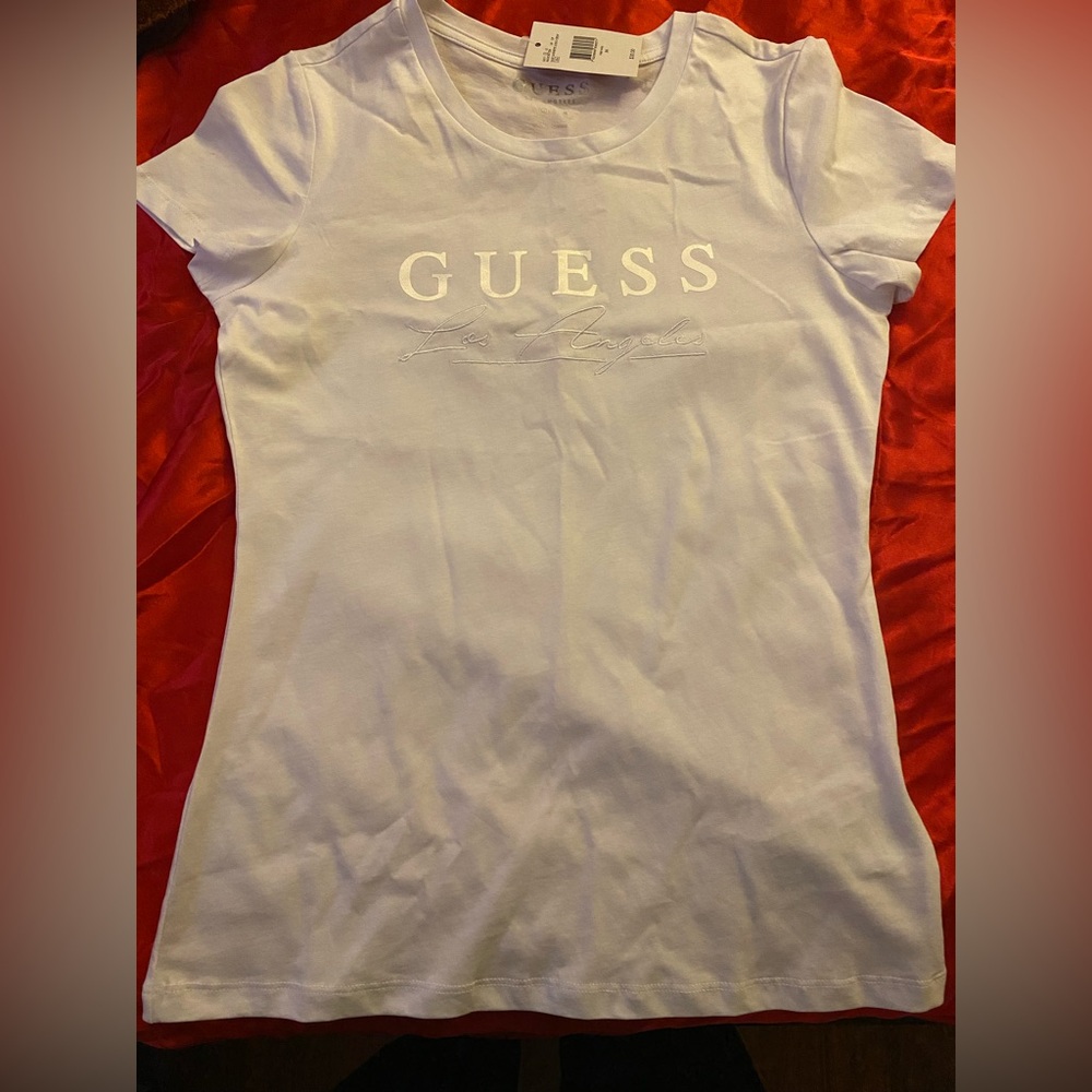 Guess White Logo T-Shirt with Silver Text